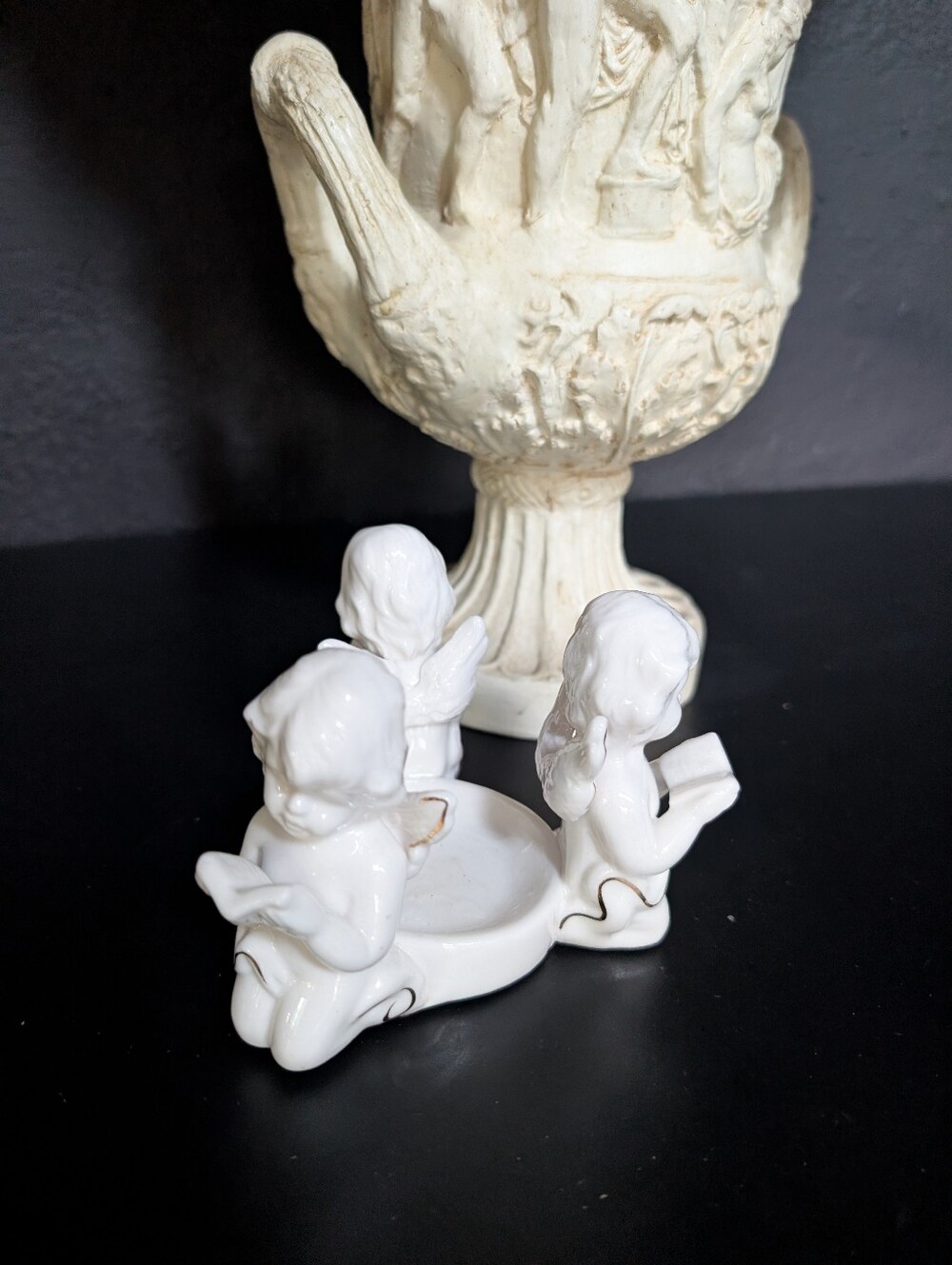 Vintage White Porcelain Angel Cherub Trio Candle / Tealight  Holder, Table Decor